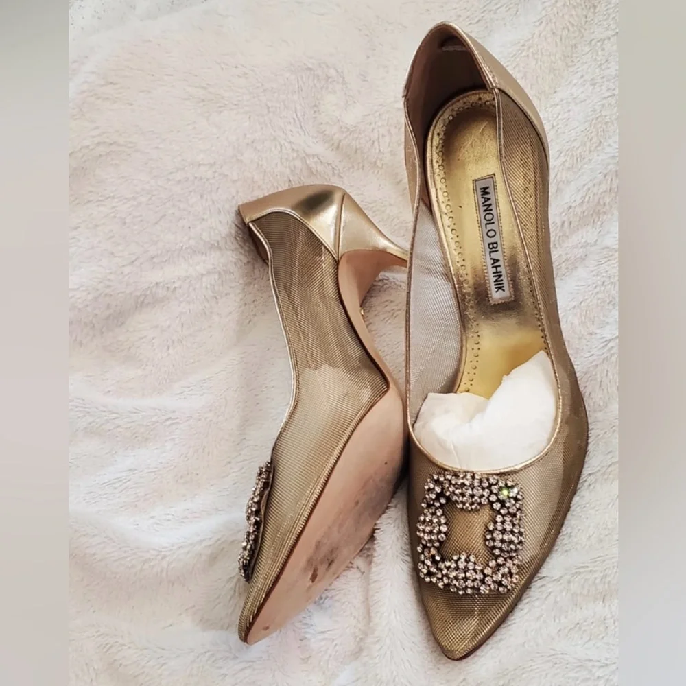 Manolo Blahnik Gold Embellished Heels - Picture 6 of 10
